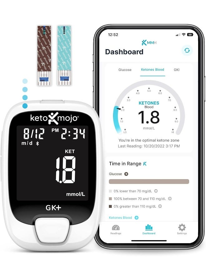 KETO-MOJO GK+ Bluetooth Glucose & Ketone Testing Kit + Free APP for Ketosis & Diabetes Support. 20 Blood Test Strips (10 Each), Meter, 20 Lancets, Lancing Device, and Control Solutions - Image 1
